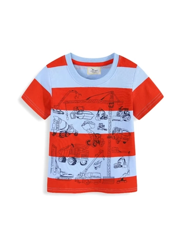 Jungen Kurzarm Baumwolle T-Shirt Gestreift Baustellenfahrzeug Druck Atmungsaktiv Rundhals Lässiges Oberteil