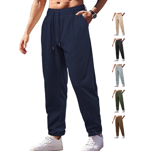 Men Casual Pants Loose Breathable High Waist Drawstring Twill Woven Fabric Solid Color Fashion Urban Long Trousers