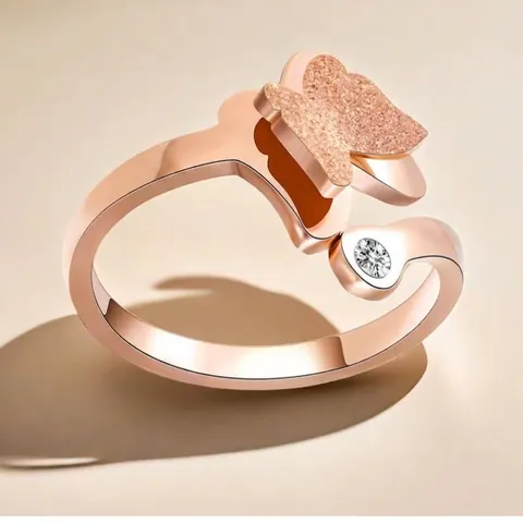 Butterfly Adjustable Ring Stainless Steel Frosted Minimalist Open Band With Single Zircon For Women