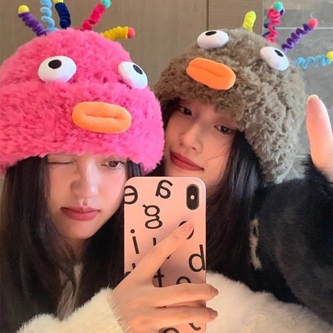 Funny Monster Plush Beanie Hat Faux Fur Cotton Knitted Big Eyes Colorful Antennas Cute Winter Warm Women