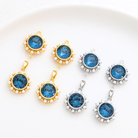 Eleganter Runder Blauer Zirkon Anhänger Verbinder Kupfer Vergoldet Mit Weißer Künstliche Perle DIY Schmuckherstellung Für Halskette