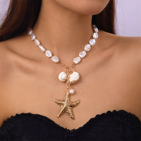 Collar Multicapa Aleación Imitación Perla Artificial Concha Estrella De Mar Caracola Playa Verano Joyería Bohemia Para Mujeres