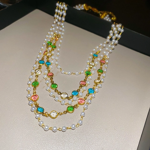 Gelaagde Ketting Voor Dames Met Imitatieparels En Kleurrijke Glaskristallen Goudkleurige Legering Zoete Elegante Vintage Sieraden