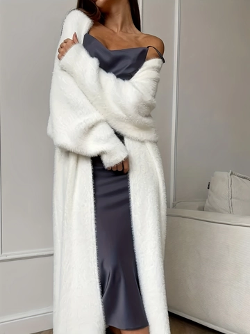 Cardigan Lungo In Maglia Cappotto Donna Velluto Di Visone Sintetico Peluche Soffice Oversize Aperto Davanti Manica Lanterna
