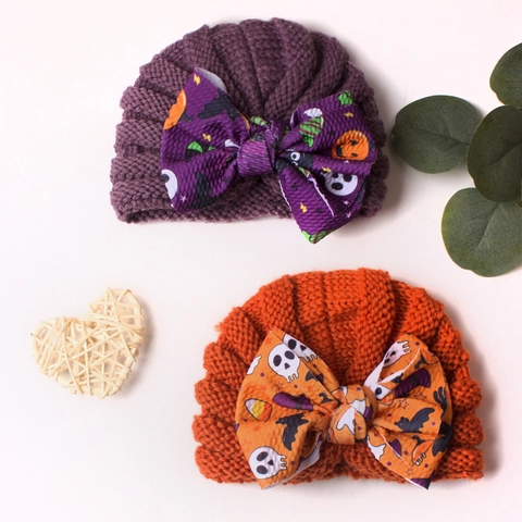 Gorro Turbante de Halloween para Bebé Lazo Grande Gorro de Punto Cálido Para Infantes Patrón de Fantasma Calabaza Murciélago