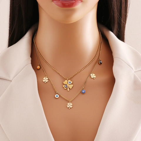 Stainless Steel Double Layer Clover Evil Eye Flower Jewelry Gold Plated Drip Oil Necklace Bracelet And Earrings