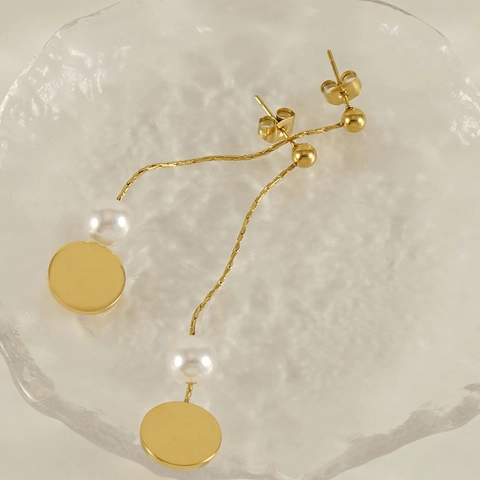 Stainless Steel Artificial Pearl Long Tassel Drop Earrings Gold Plated Round Disc Chain Dangle Jewelry For Women Elegant