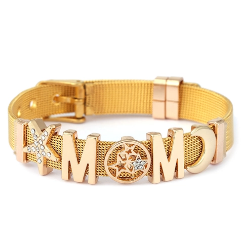 Bracciale In Maglia Di Acciaio Inossidabile Con Ciondoli MOM Stella Luna Strass Chiusura Fibbia Regolabile Regalo Donna