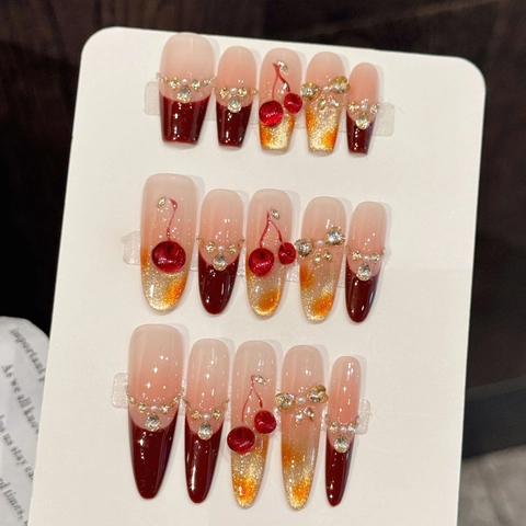 Handmade Press On Nails Wine Red Cherry Coffin Fake Nails Cat Eye Gradient Rhinestone Bow Artificial Pearl Decorative Long Nails