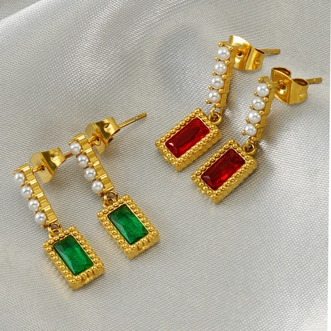 Vintage Rechteckige Zirkonia Hängeohrringe Edelstahl 18K Vergoldet Elegante Kunstperlen Schmuck Für Damen