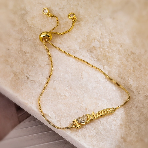 Bracciale Mama Rame Placcato Oro 18K Zircone Farfalla Colorata Cuore Catena Scorrevole Regolabile Gioielli Regalo Donna