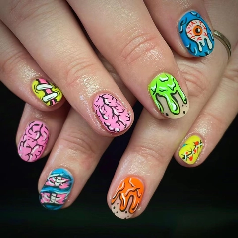 Uñas Postizas Halloween Horror Brillantes Cortas Cuadradas Coloridas Patrón Cerebro Ojo Monstruo Manicura Mujeres Decoración