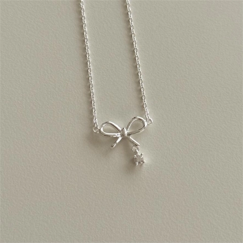 Collana Con Ciondolo A Fiocco Argento Sterling 925 Zircone Stile Coreano Minimalista Gioielli Per Donne