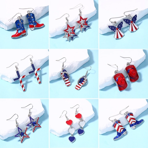 Patriotic US Independence Day Earrings For Women Red White Blue Alloy Rhinestone Star Flag July 4th Jewelry