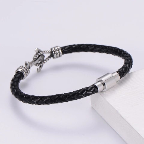 Men Nautical Anchor Braided Leather Bracelet With Stainless Steel Magnetic Clasp Retro Punk Jewelry Black