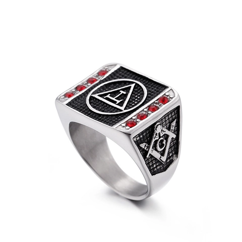 Anello Sigillo Massonico Acciaio Inossidabile Strass Rossi Hip Hop Punk Stile Retrò Gioielli Per Uomini