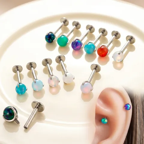 Titanium Alloy Cartilage Stud Earring With Synthetic Opal Ball Flat Back Internal Threaded Body Piercing Jewelry Unisex