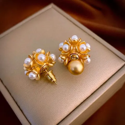 Pendientes Vintage De Flor Y Perla Artificial Con Poste De Plata Aleación Chapado En Oro Estilo Francés Para Mujeres Elegante