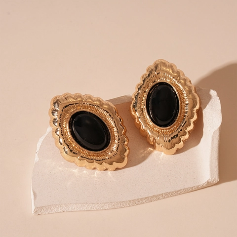 Orecchini A Lobo Ovali Vintage Per Donna Retro Oro Lega Ondulata Resina Nera Con Perno In Argento Sterling 925 Elegante