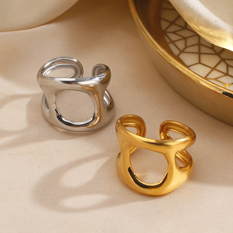 Hollow Geometric Stainless Steel Ring For Women Oversized Irregular Thick Minimalist Fashion Jewelry
