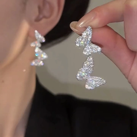 Exquisite Rhinestone Encrusted Double Butterfly Ear Studs With Silver Earring Post Elegant Light Luxury Jewelry For Women