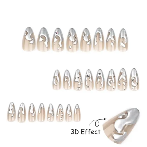 3D Silber Flüssigmetall Design Press On Nails Mandelform Strass Aurora Glitzer Y2K Punk Französischer Stil Für Frauen