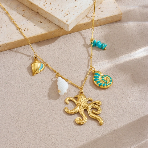 Gold Plated Stainless Steel Octopus Conch Starfish Artificial Pearl Pendant Necklace For Women Ocean Beach Summer Vacation Jewelry