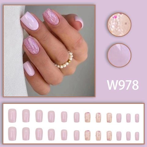 Square Pink Glitter Press On Nails Glossy Fake Nails For Women Short False Nails Pink Sequin Manicure Accessory