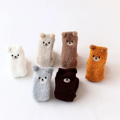 Damen Korallenvlies Haussocken Mit 3D Bärenohren Cartoon Thermisch Verdickte Bestickte Warme Socken