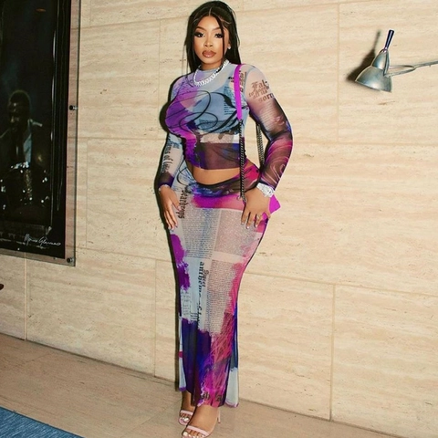 Damen Mesh Zeitungsdruck Langarm Crop Top Und Bodycon Maxi Rock Transparent Sexy Streetwear Outfit