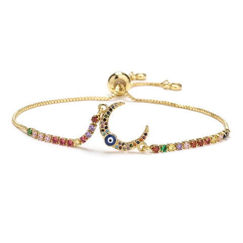 Adjustable Gold Plated Copper Evil Eye Bracelet For Women Multicolor Zircon Hamsa Hand Moon Heart Charm Slider Bracelet