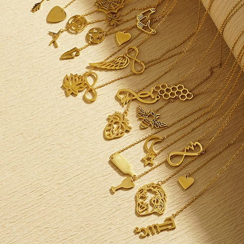 Stainless Steel Pendant Necklace 18K Gold Plated Various Motifs Bee Lotus Heart Infinity Guitar Tennis For Women Fashion