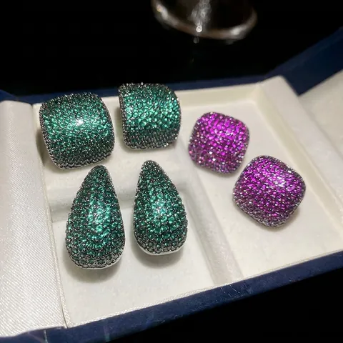 Vintage Full Zircon Pave Stud Earrings With Silver Earring Post Copper Water Drop Square Luxury Jewelry For Women