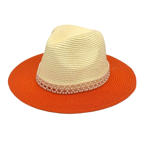 Cappello Fedora In Paglia Da Donna Con Fascia Di Künstliche Perle Blocchi Di Colore Tesa Larga Protezione Solare Spiaggia Estate