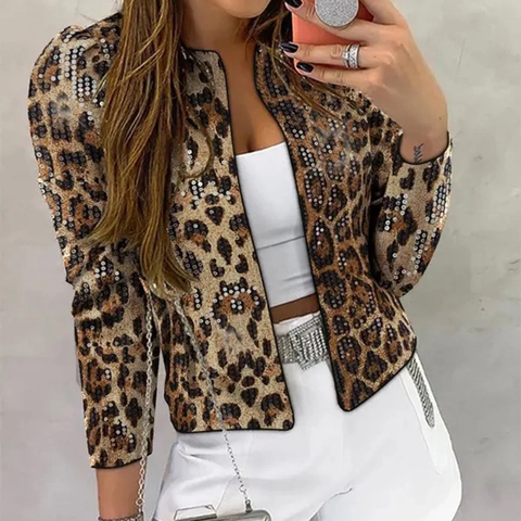 Women Sequined Cropped Jacket Leopard Print Iridescent Long Sleeve Open Front Streetwear Party Outerwear