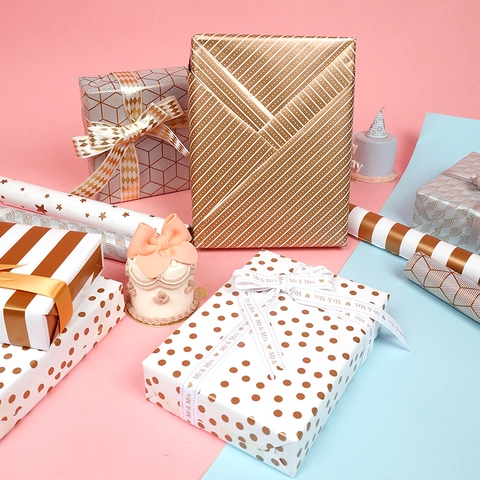 Metallic Gift Wrapping Paper Rolls Gold Bronze Foil Stripes Dots Stars Pattern Birthday Wedding Valentine Luxury Elegant Wraps