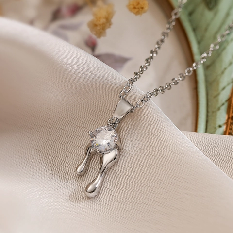 Collana Pendente Metallo Liquido Lava Rame Zircone Irregolare Gocciolante Geometrico Minimalista