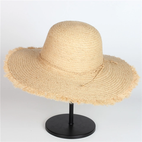 Raffia Straw Hat Wide Brim Sun Protection Frayed Raw Edge Beach Vacation Handmade Adjustable For Women