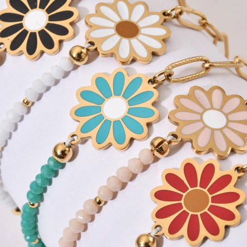 Madeliefje Hanger Armband Roestvrij Staal Emaille Bloem Splice Gefacetteerde Kralen Ketting Boho Sieraden Vrouwen