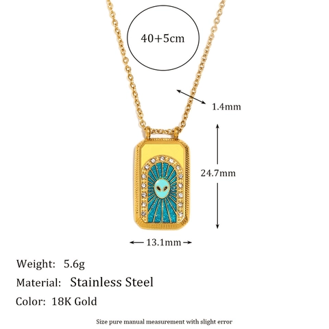 Geometric Rectangle Tarot Card Pendant Necklace Stainless Steel 18K Gold Plated Enamel Rhinestone Vintage INS Style