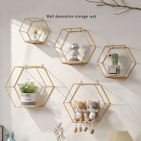 Wall Mounted Floating Shelves Hexagon Iron Wood Storage Racks Nordic Minimalist Geometric Decor Living Room Bedroom Organizer