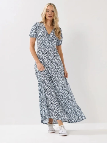 Vestito Lungo Portafoglio Floreale Rétro Francese Donna Scollo A V Maniche Corte A Sbuffo Vita Alta Elegante Poliestere