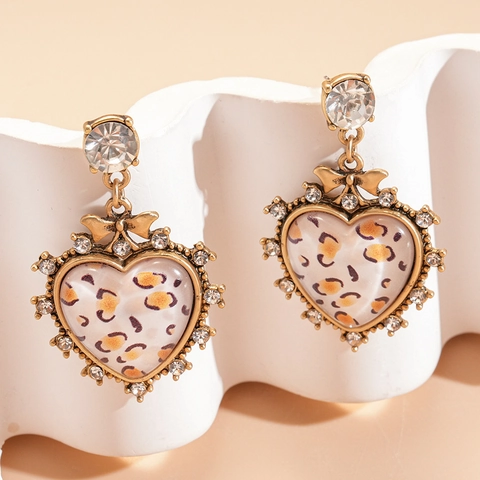 Vintage Resin Leopard Herz Ohrhänger Mit Strass Schleife Und 925 Sterling Silber Ohrstecker Für Damen