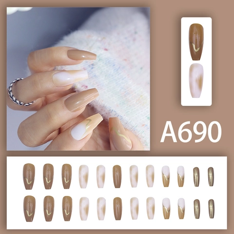 Press On Nails Lange Sargform Marmor Bernstein Braun Mit Goldlinie Glänzend Elegante Künstliche Nägel