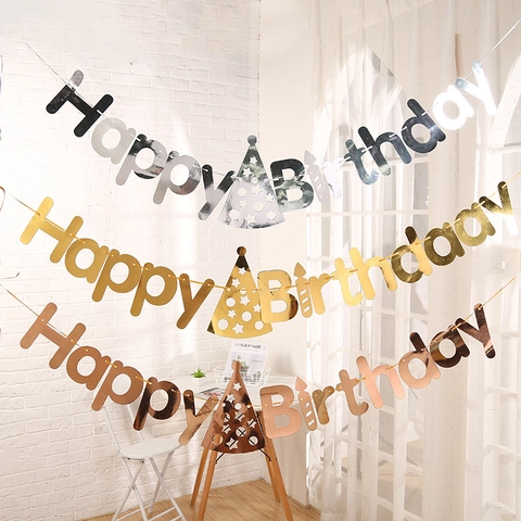 Happy Birthday Banner Gold Foil Letter Bunting Garland For Birthday Party Decoration Hanging Ornament Baby Shower
