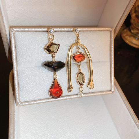 Vintage Asymmetric Geometric Drop Earrings With 925 Sterling Silver Earring Post Alloy Multi Color Crystal For Women