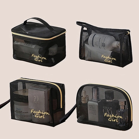 Mesh Makeup Bag Transparent Large Capacity Toiletry Organizer Portable Travel Cosmetic Pouch Zip For Women Black