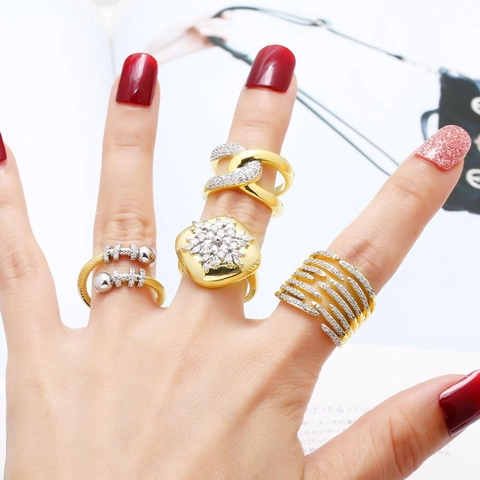 Adjustable Rings Copper 18k Gold Plated Zircon Snowflake Geometric Layered Intertwined Elegant Jewelry For Women
