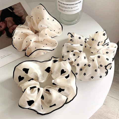 Große Scrunchies Organza Stoff Haargummi Herz Punkte Blumenmuster Elastischer Kopfschmuck Für Frauen Mädchen Koreanischer Stil