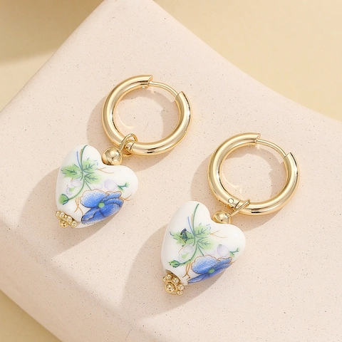 Vintage Heart Ceramic Hoop Earrings Stainless Steel Blue Floral Porcelain Pattern Chinese Style Jewelry For Women